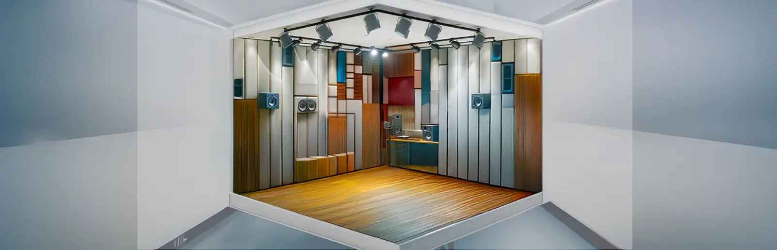 A computer rendering of the control room in a recording studio.