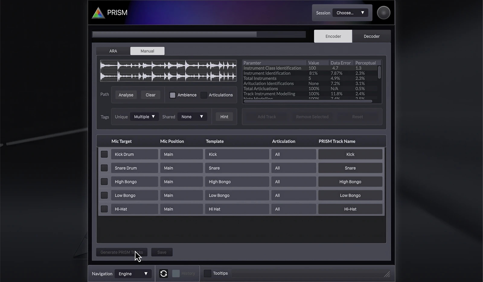 The second step of the PRISM encoding process, illustrated with a screen capture showing multiple destination tracks that the user wants to produce from the source file.