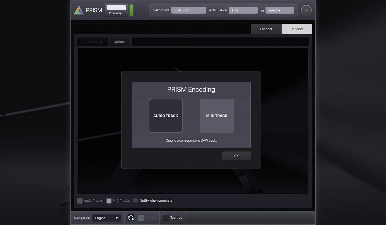 The third step of the PRISM encoding process, illustrated with a screen capture showing a single track that has completed.