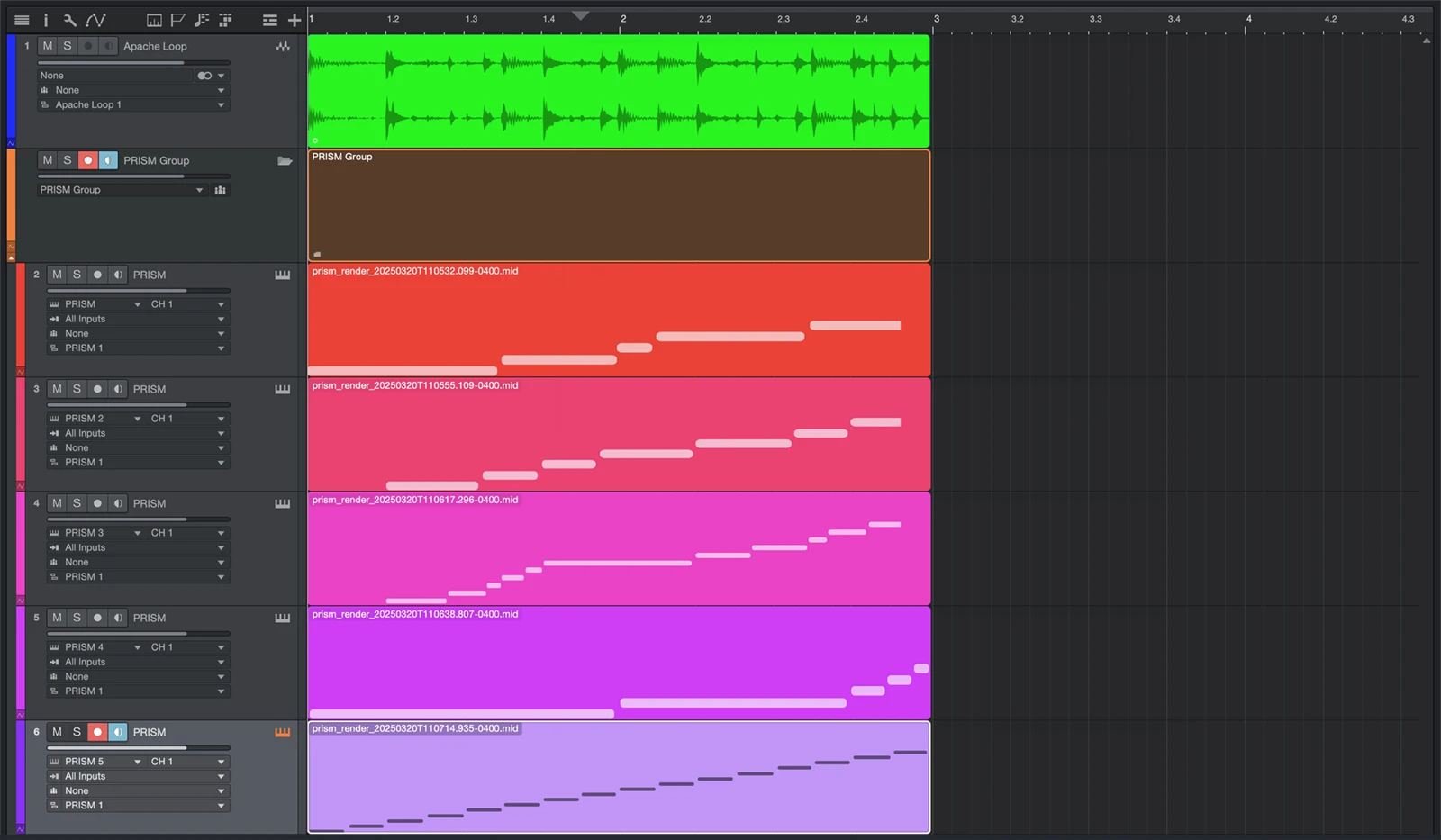 The fourth step of the PRISM encoding process, illustrated with a screen capture showing MIDI regions that were produced.