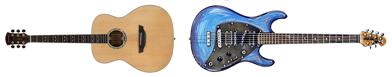 A photo of an acoustic guitar, and a drawing of an electric guitar.