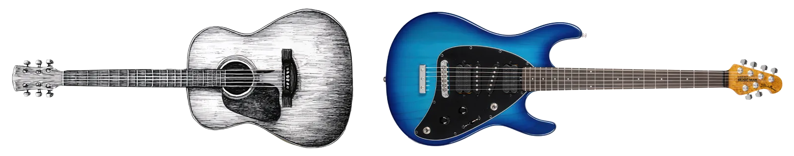A drawing of an acoustic guitar, and a photo of an electric guitar.