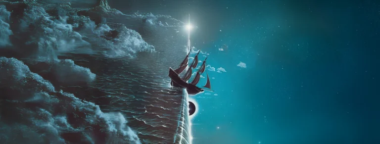 Surrealist painting of a 19th century sailing ship on the edge of endless waterfall.