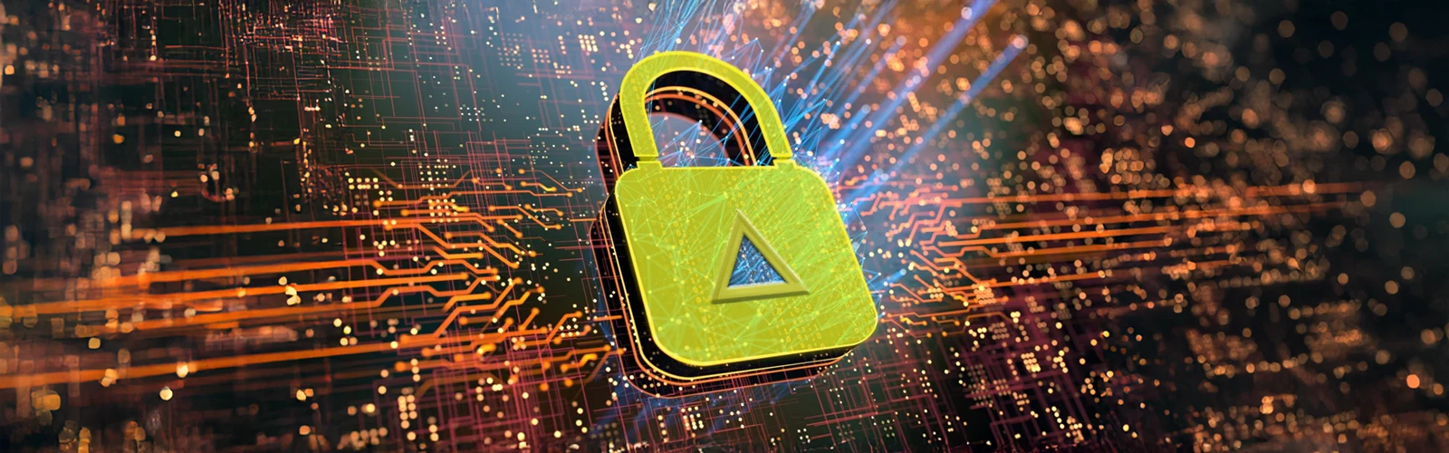 A panorama of a circuit board with a large lock bearing the PRISM logo where the keyhole would be.