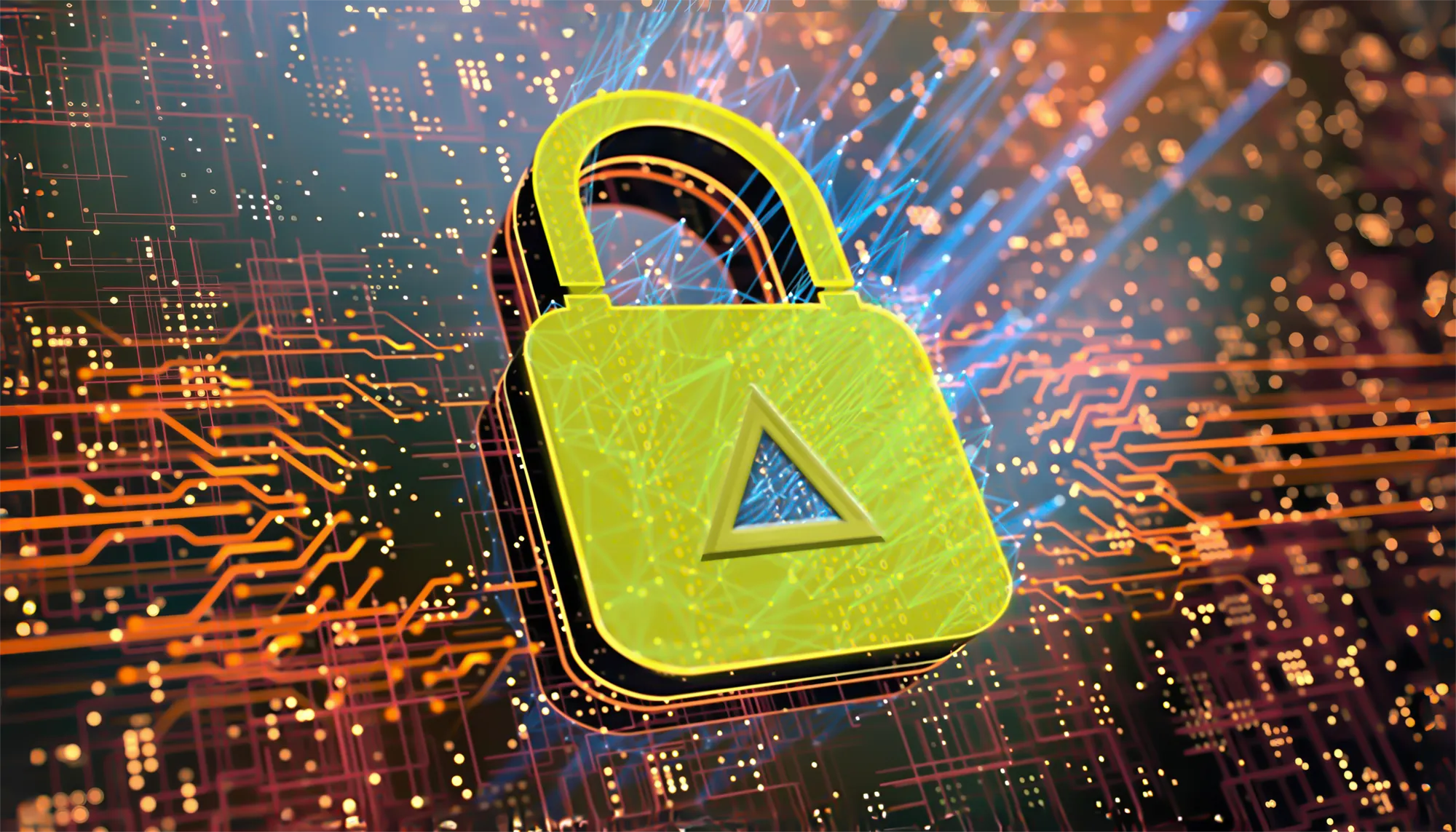 A circuit board with a large lock bearing the PRISM logo where the keyhole would be.