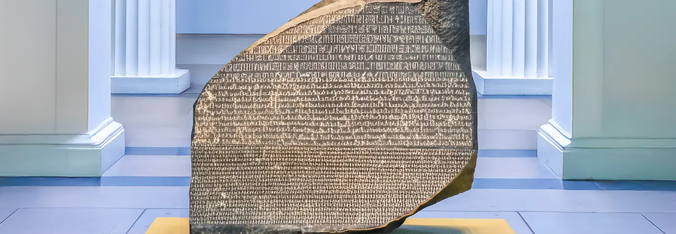 A wide photograph of the Rosetta Stone.