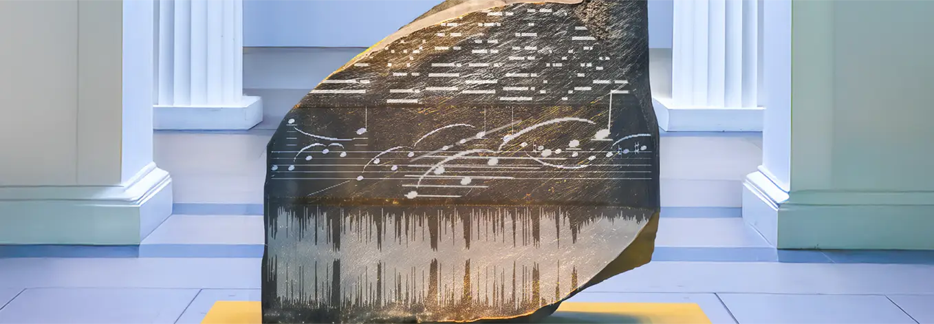 A wide photograph of the Rosetta Stone, modified to show the three representation of music within PRISM.