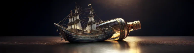 A 19th century sailing ship, juxtaposed against a bottle which it could presumably not fit inside.