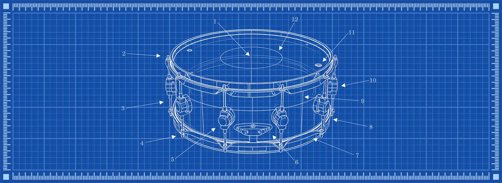 An architectural-style diagram of a snare drum.