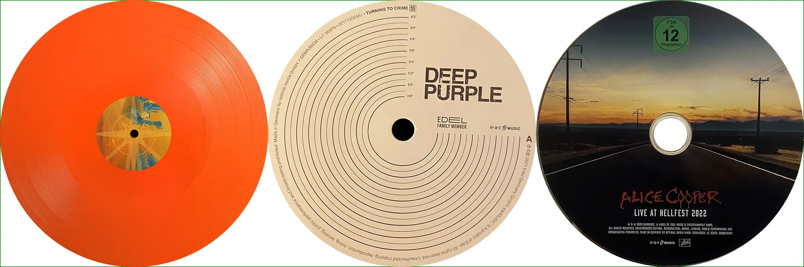 Vinyl record discs are shown for albums by Steve Morse Band, Deep Purple and Alice Cooper