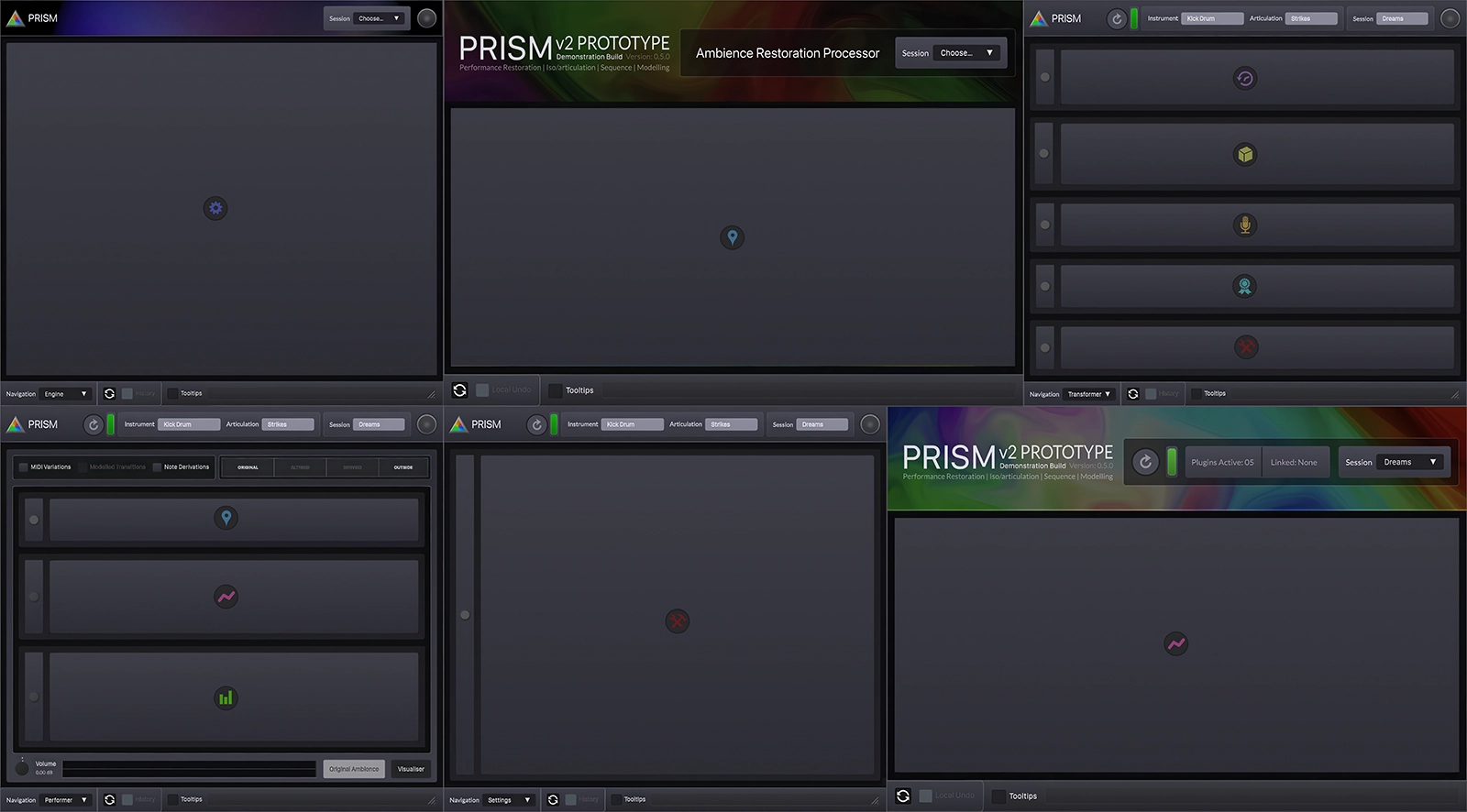 Six different screenshots of the PRISM musical plugins, with the interfaces hidden.