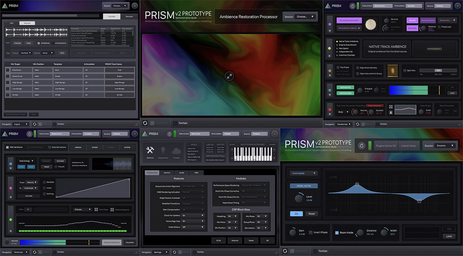 Six different screenshots of the PRISM musical plugins, with the interfaces exposed.