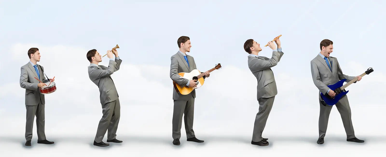 A single musician in a grey suit playing many different musical instruments.