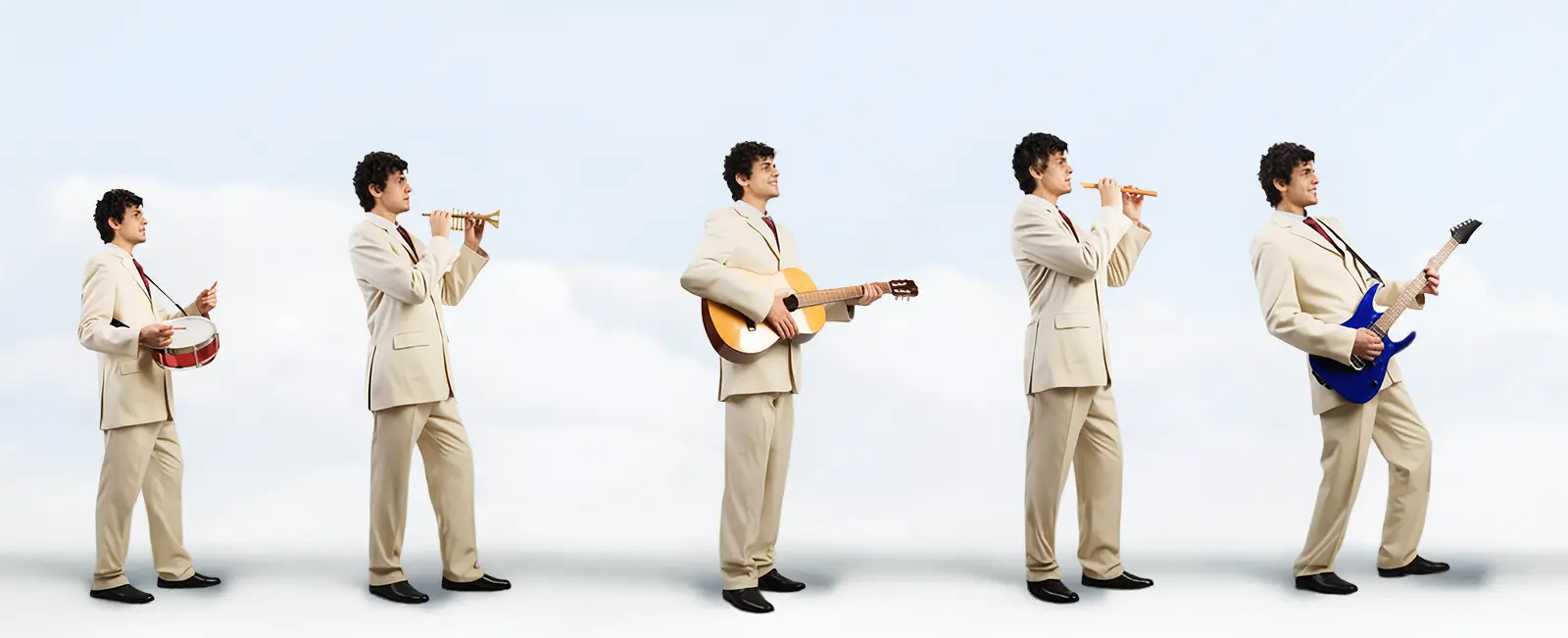 A single musician in a tan suit playing many different musical instruments.