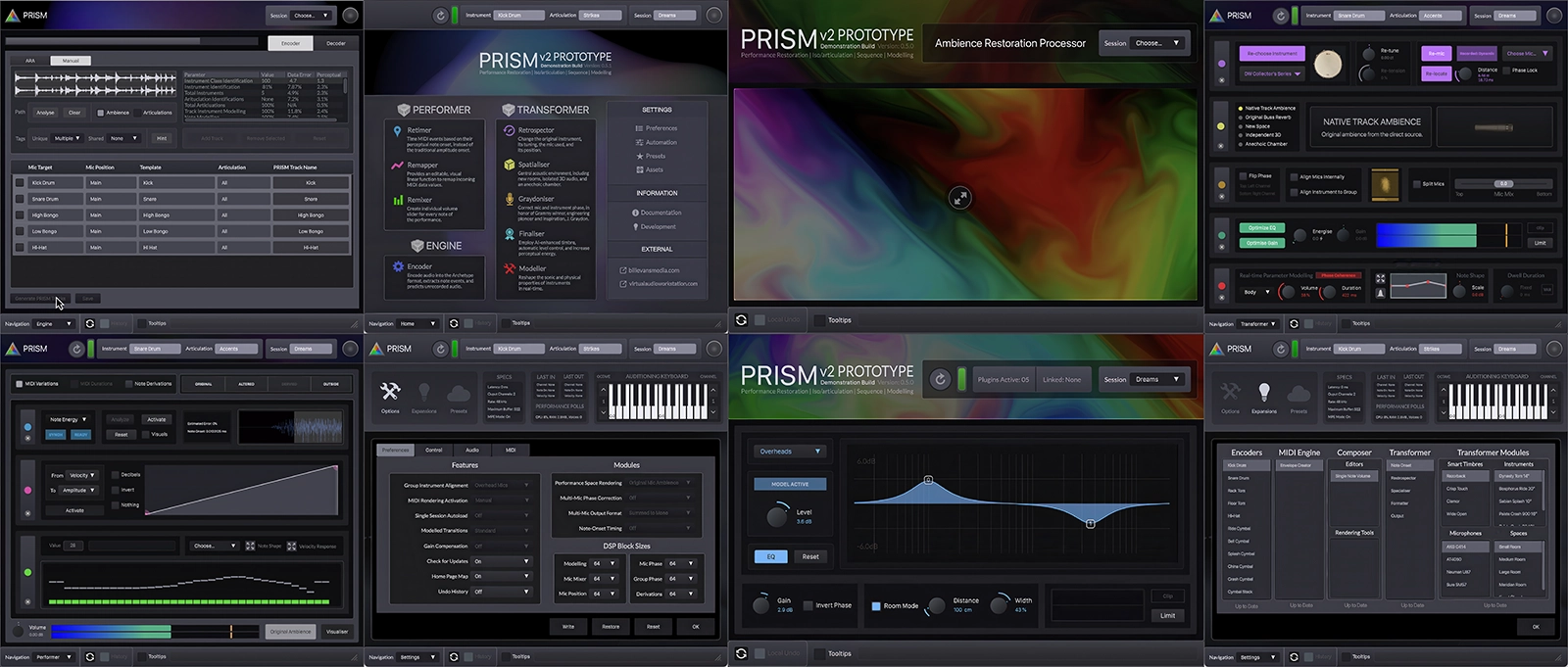 Either different screenshots of the PRISM musical plugins, with the interfaces shown.