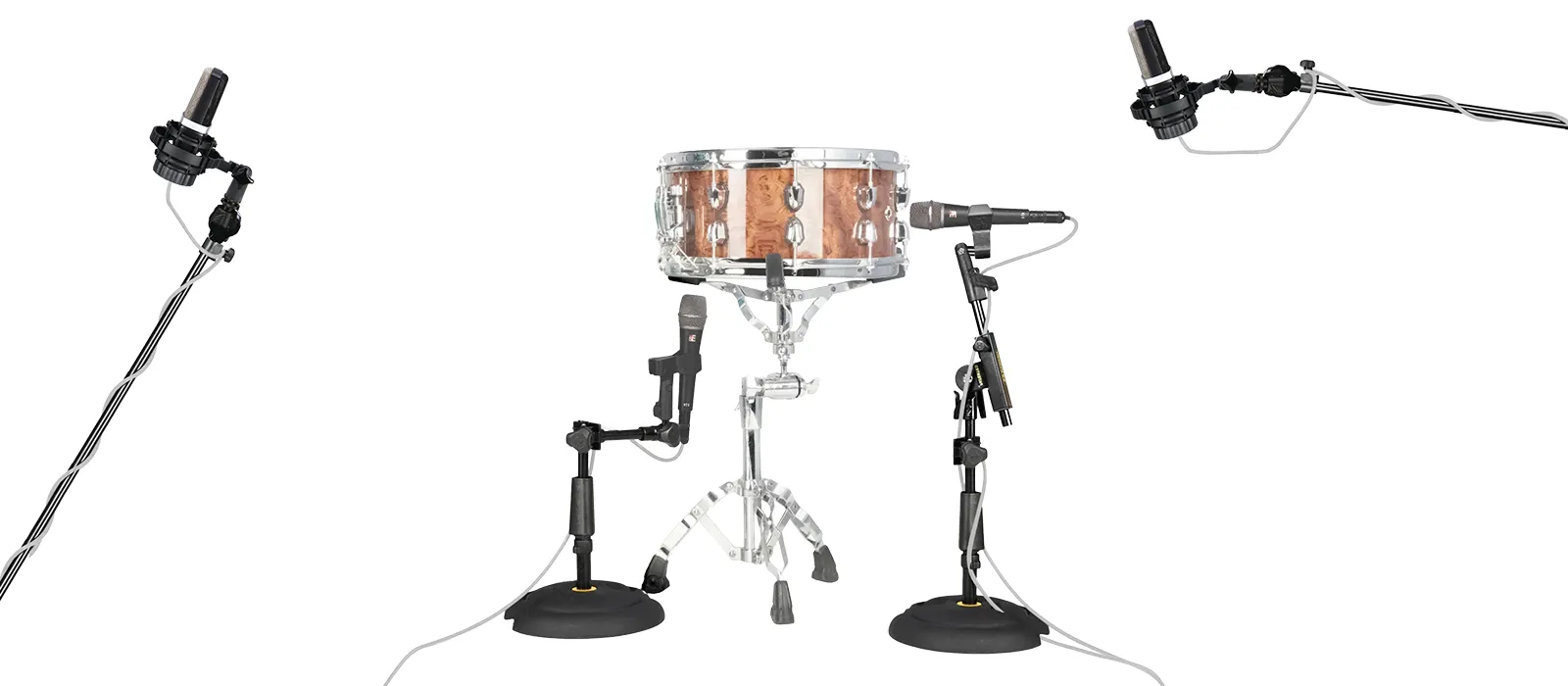 A snare drum with many different microphones set up in different positions.