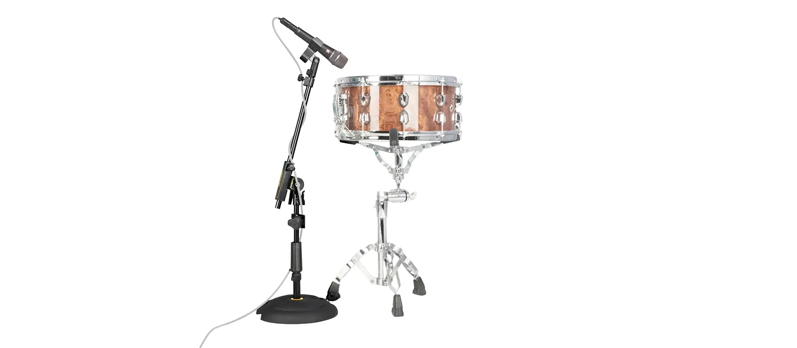 A snare drum with one microphone set up.