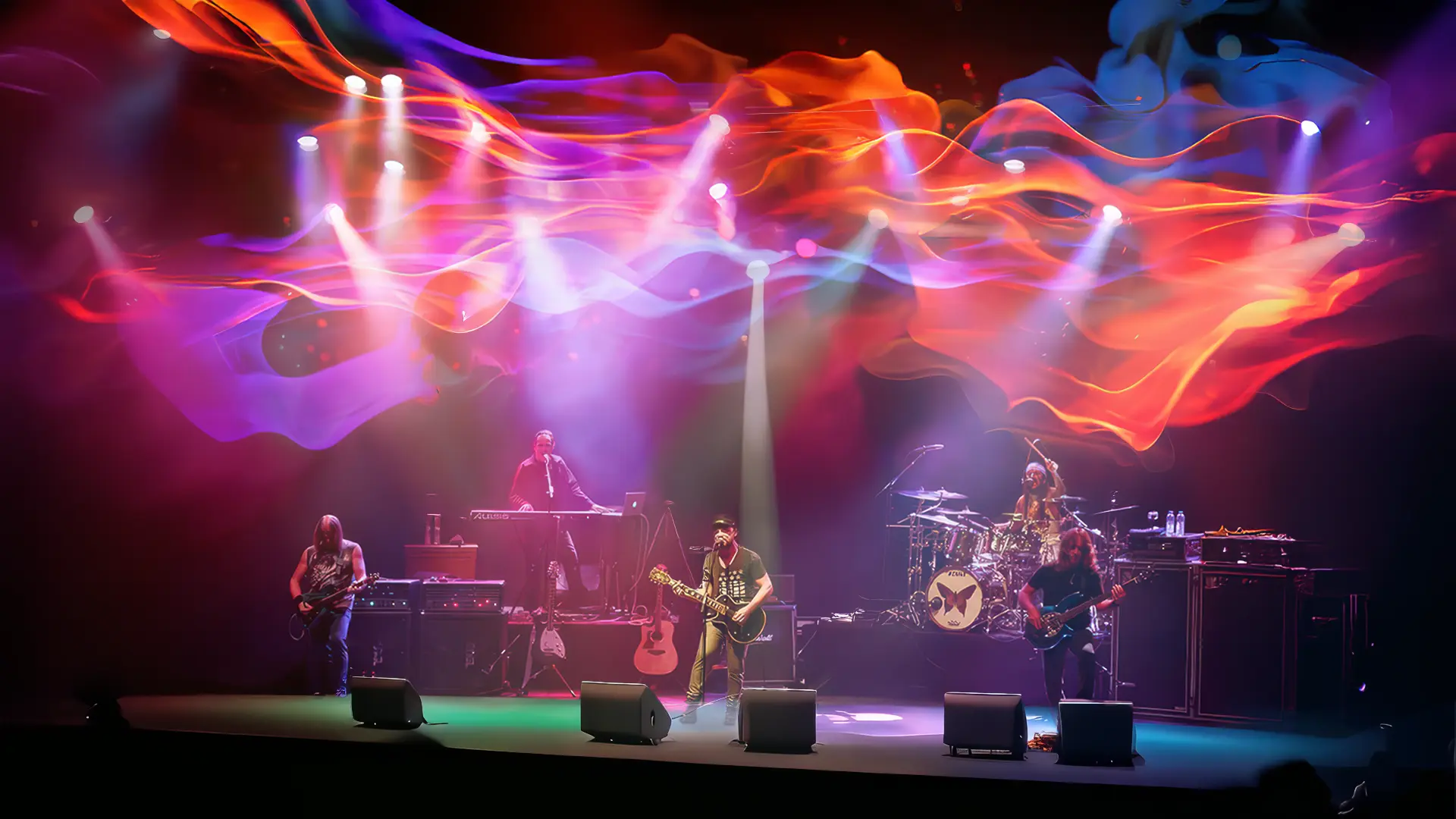 The band Flying Colors performing on a colourfully-lit stage at the Z7 venue.